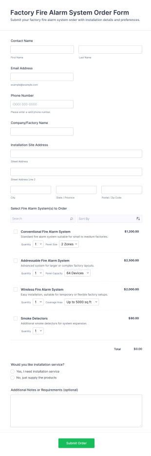 Factory Fire Alarm System Order Form Template