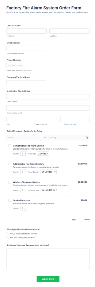 Factory Fire Alarm System Order Form Template