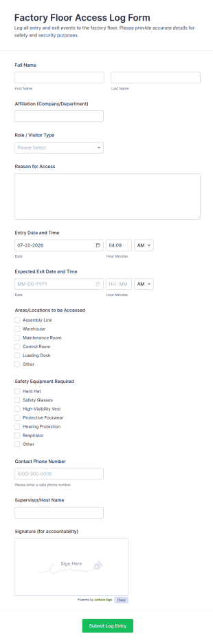 Factory Floor Access Log Form Template