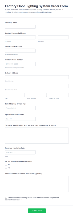Factory Floor Lighting System Order Form Template