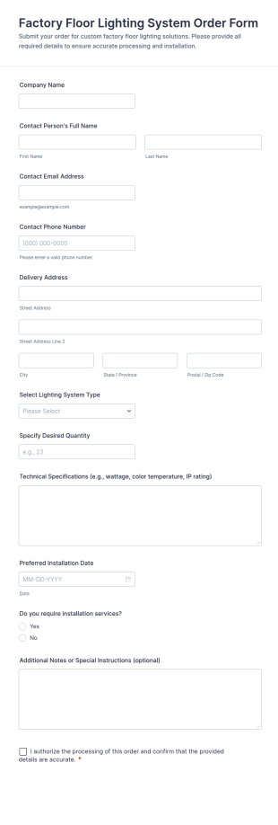 Factory Floor Lighting System Order Form Template