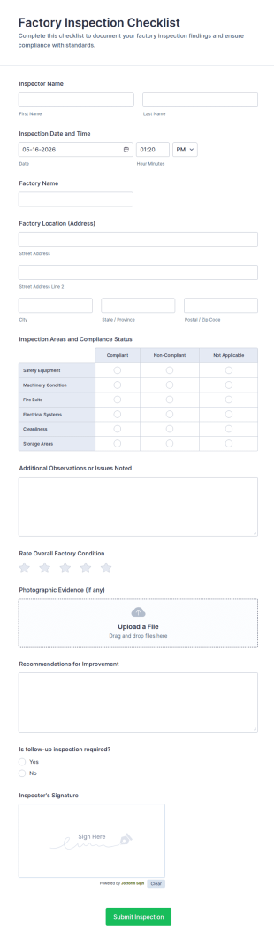 Factory Inspection Checklist Form Template