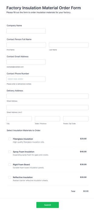 Factory Insulation Material Order Form Template