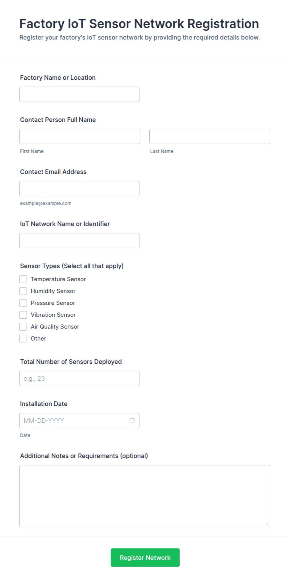 Factory IoT Sensor Network Registration Form Template | Jotform