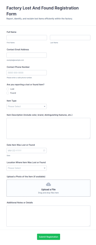 Factory Lost And Found Registration Form Template