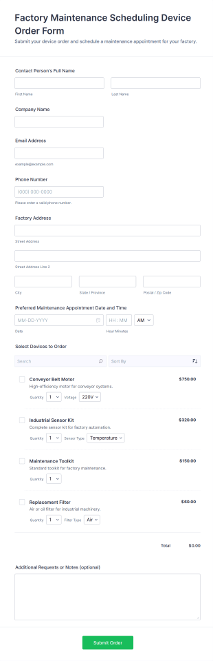 Factory Maintenance Scheduling Device Order Form Template