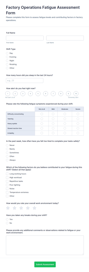 Factory Operations Fatigue Assessment Form Template