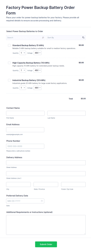 Factory Power Backup Battery Order Form Template