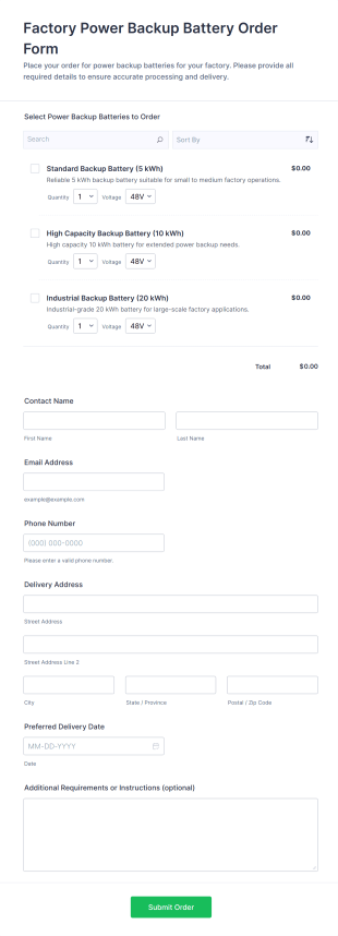 Factory Power Backup Battery Order Form Template