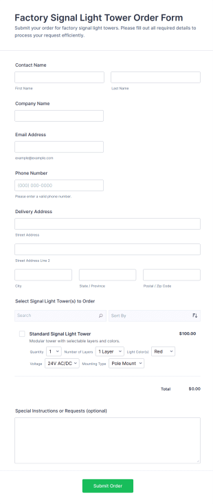 Factory Signal Light Tower Order Form Template
