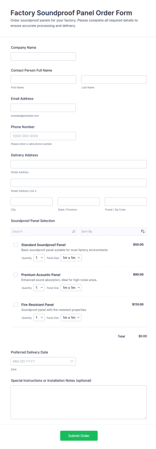 Factory Soundproof Panel Order Form Template