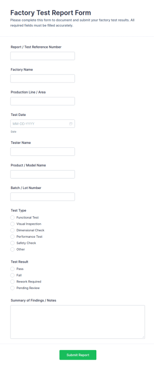 Factory Test Report Form Template