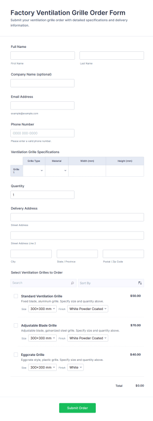 Factory Ventilation Grille Order Form Template