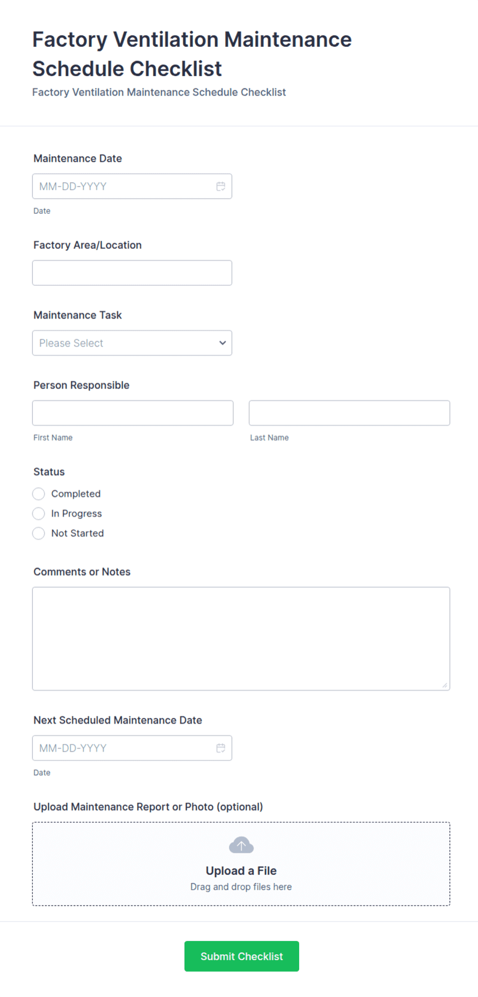 Factory Ventilation Maintenance Schedule Checklist Form Template | Jotform