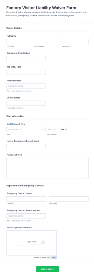 Factory Visitor Liability Waiver Form Template