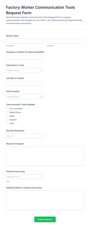 Factory Worker Communication Tools Request Form Template