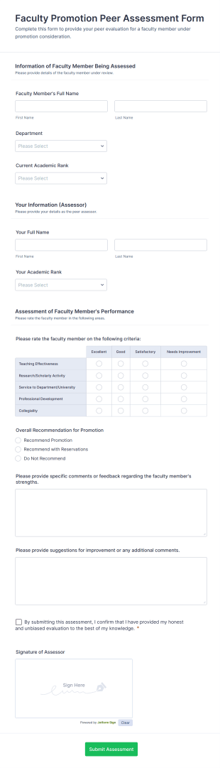 Faculty Promotion Peer Assessment Form Template