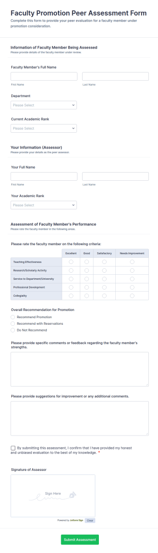 Faculty Promotion Peer Assessment Form Template