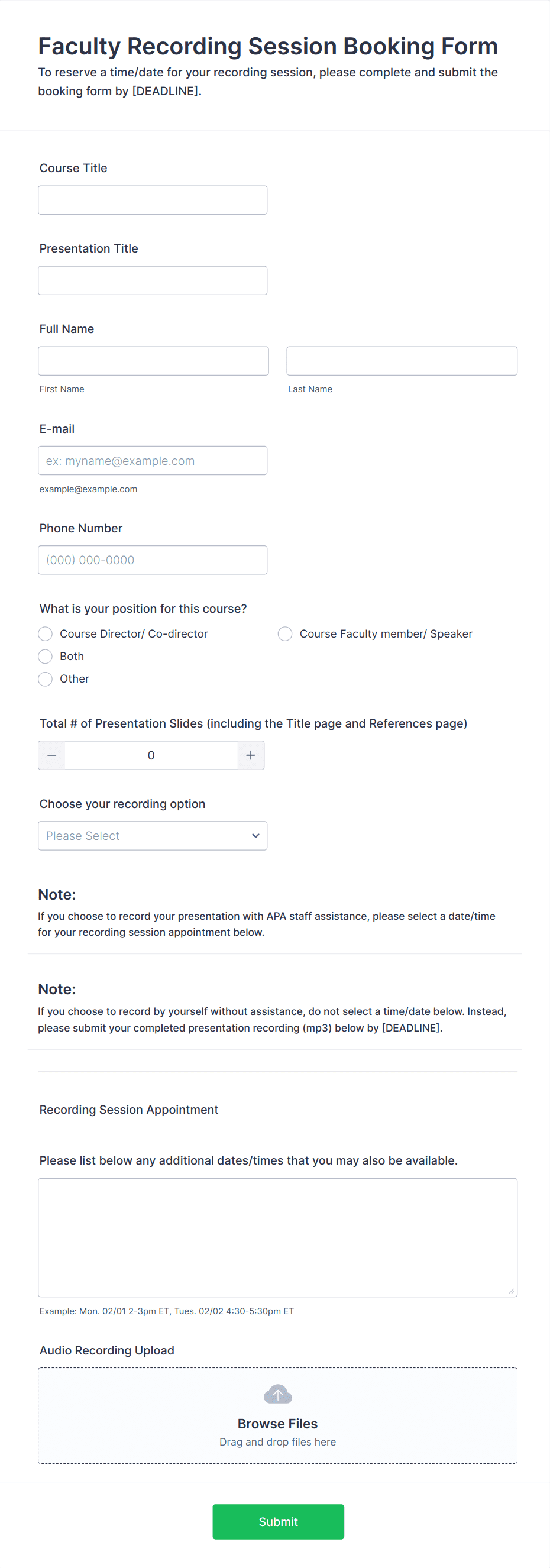 Faculty Recording Session Booking Form - Template Form Template | Jotform