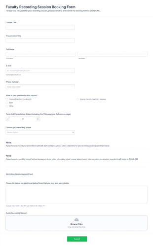 Faculty Recording Session Booking Form Template Form Template