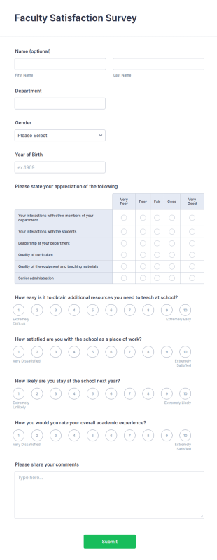 Faculty Satisfaction Survey Form Template