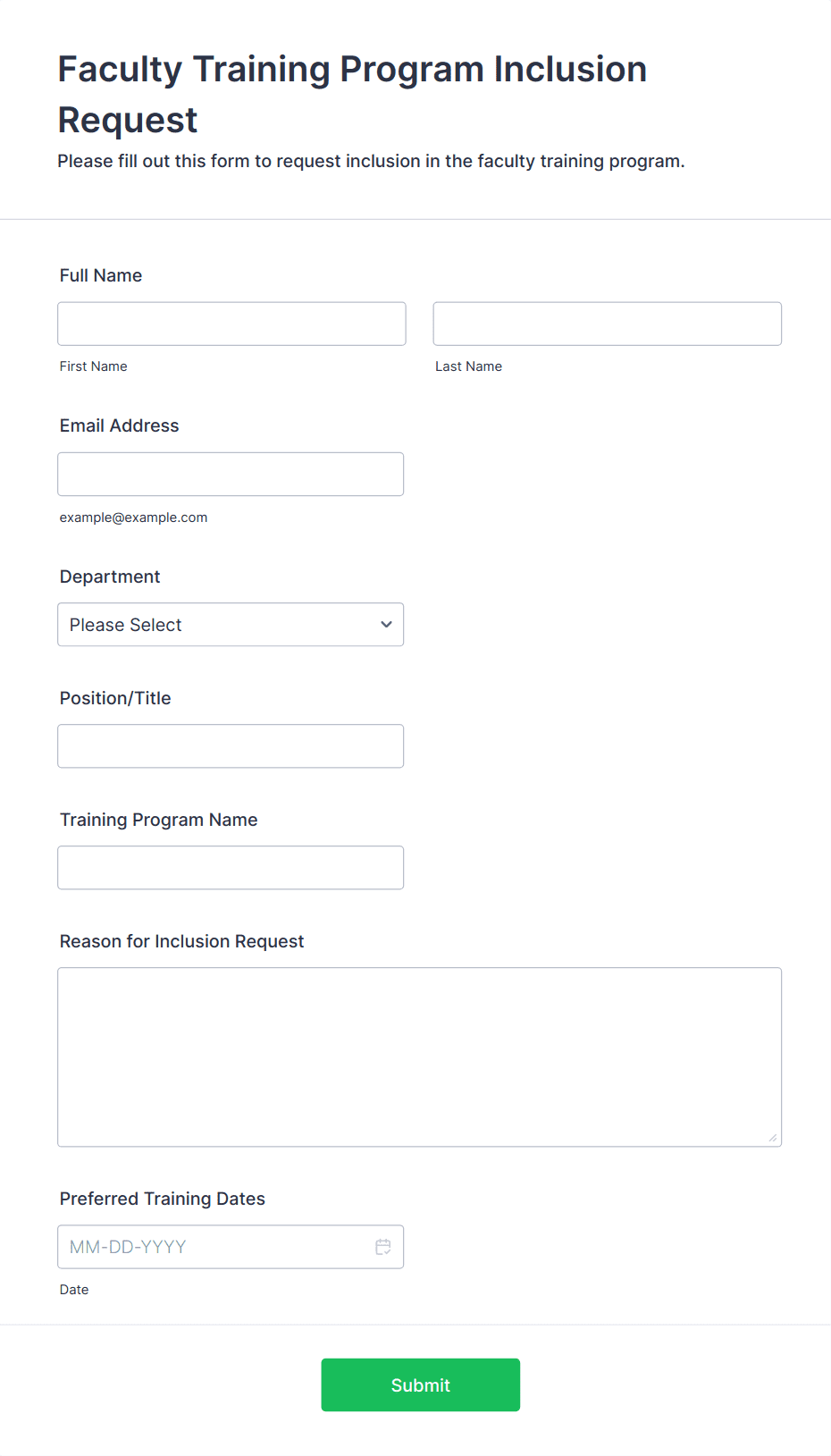Faculty Training Program Inclusion Request Form Template | Jotform