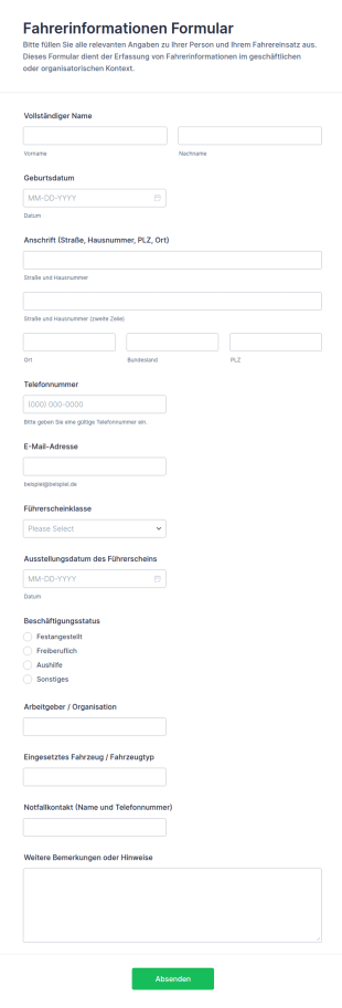 Fahrerdaten Erfassungsformular