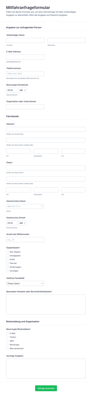 Fahrtanfrage Formular