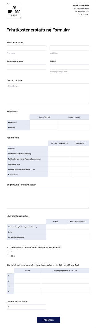 Antrag Auf Fahrtkostenerstattung Form Template