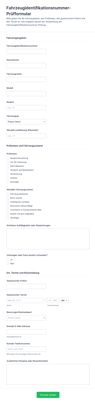 Fahrzeug Identitätsprüfung Formular