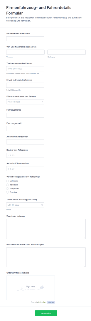 Fahrzeug Und Fahrerdaten Erhebungsformular 🚗🚦