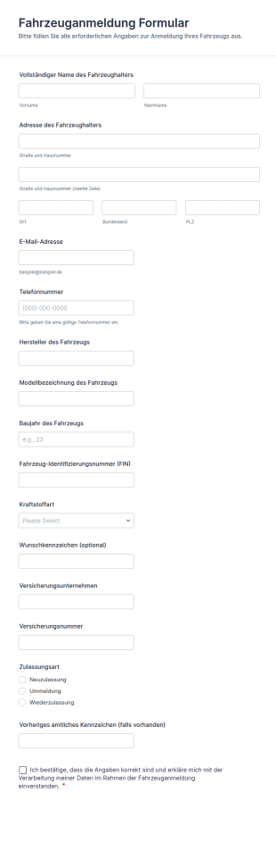 Fahrzeuganmeldung Formular