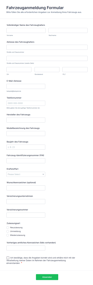Fahrzeuganmeldung Formular