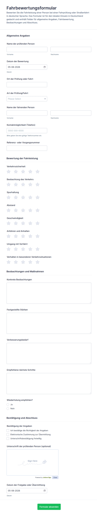 Fahrzeugbewertung Fahrprüfung Formular