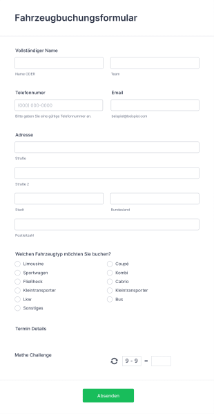 Fahrzeugbuchungsformular Form Template