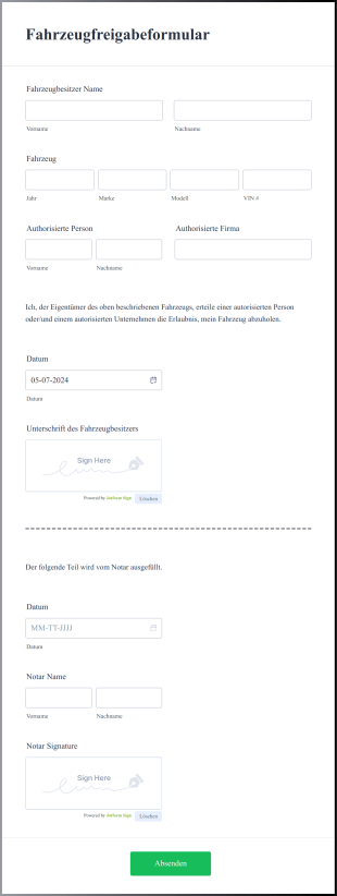Fahrzeugfreigabeformular Form Template