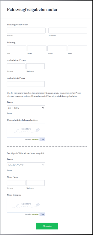 Fahrzeugfreigabeformular