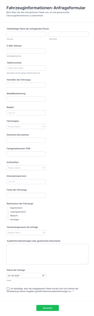Fahrzeuginformationen Anfrageformular