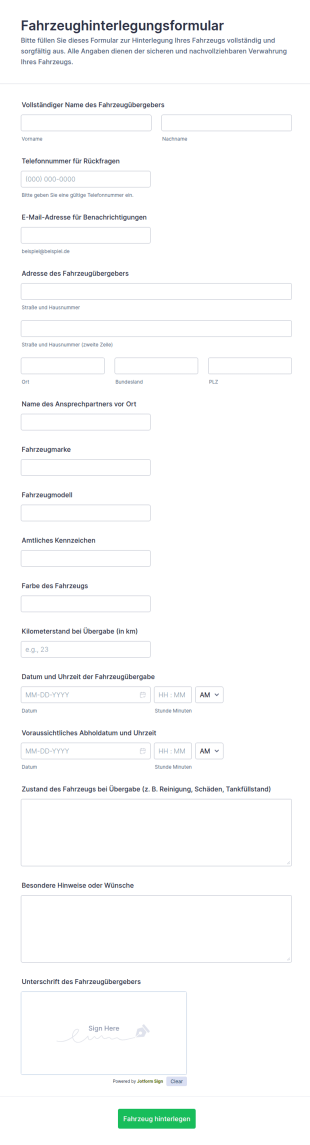 Fahrzeugkautionsformular