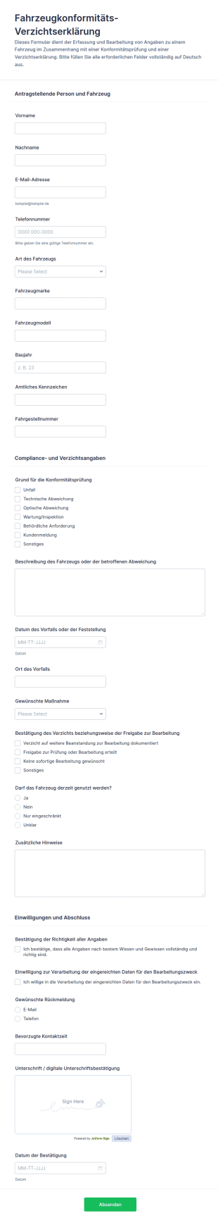 Fahrzeugkonformitätsverzicht Formular 🚗