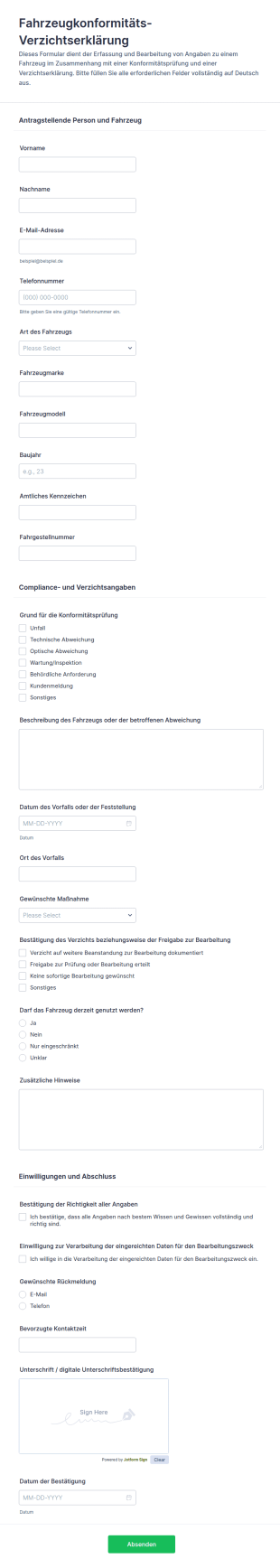 Fahrzeugkonformitätsverzicht Formular 🚗