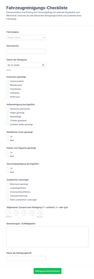 Fahrzeugreinigung Checkliste Formular