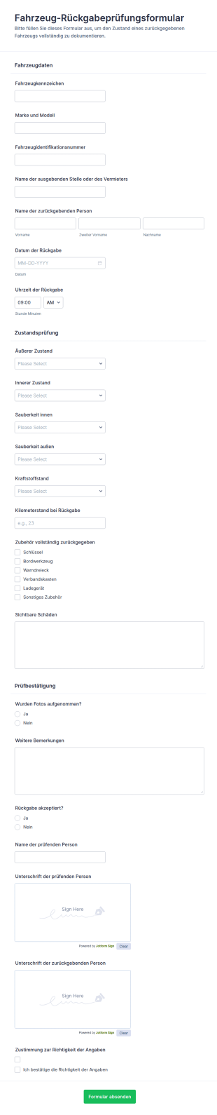 Fahrzeugrückgabe Überprüfungsformular