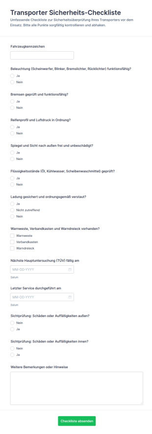 Fahrzeugsicherheits Checkliste Formular
