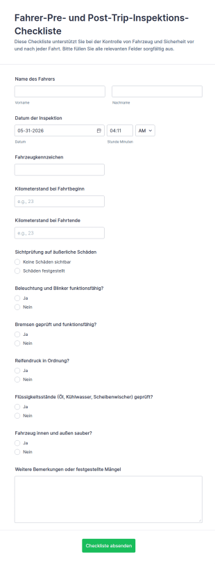 Fahrzeugüberprüfungsformular Für Fahrer