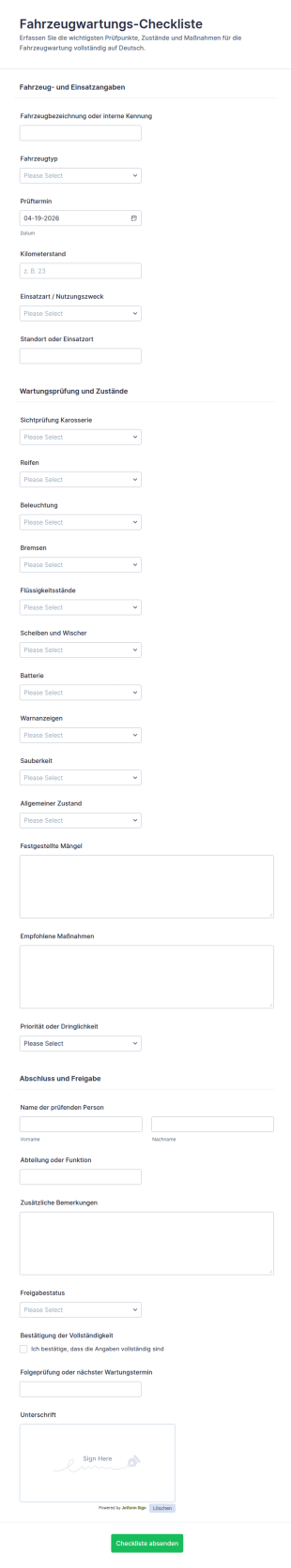 Fahrzeugwartungs Checkliste Formular 🚗