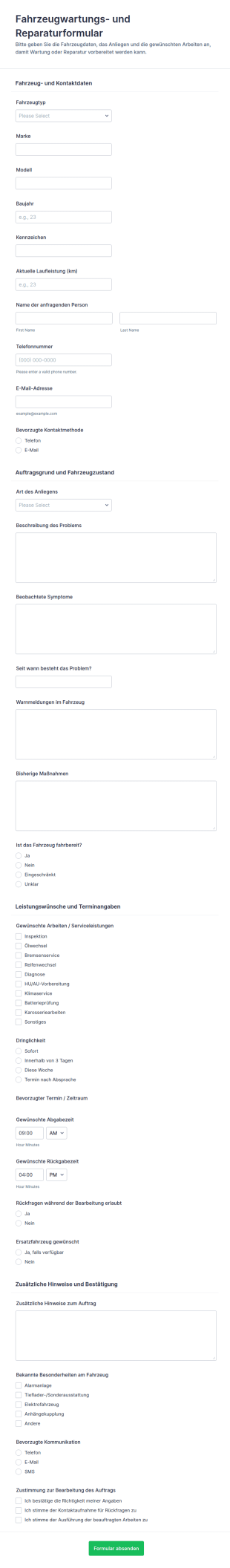 Fahrzeugwartungs Und Reparaturanfrage Formular