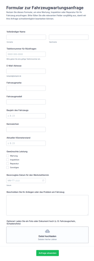 Fahrzeugwartungsanfrage Formular