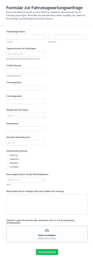 Fahrzeugwartungsanfrage Formular