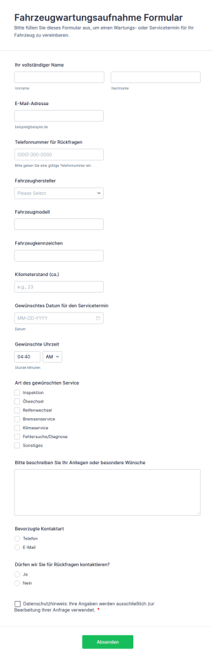 Fahrzeugwartungsaufnahme Formular